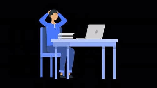 Animated Flat Design: Stressed Person Working at Desk with Laptop
