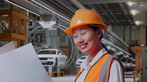 Une ingénieure asiatique regarde un plan entre ses mains dans une usine de voitures électriques