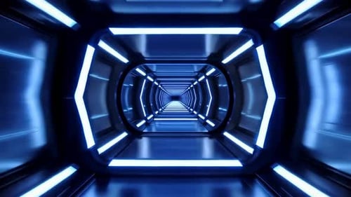 Mouvement de zoom futuriste du couloir de science-fiction au néon bleu
