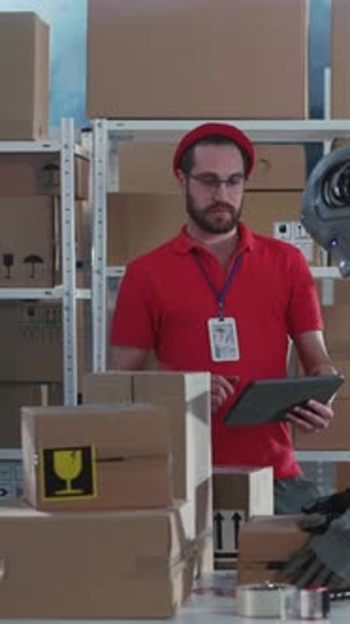 Human and AI Cooperation Young Caucasian Bearded Worker in Uniform Doing Postal Office Workshop Job