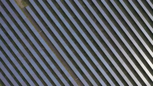 Aerial drone view into large solar panels at a solar farm. Solar cell power plants. footage video 4k