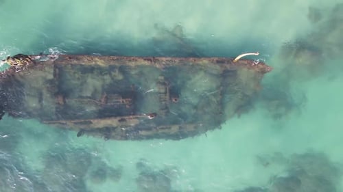 Aerial View Of Tourists Paddle Boarding By Shipwreck In Ocean, Tourists Enjoying Vacation - Arsuf