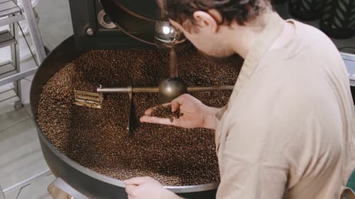 Barista Roasts Coffee Beans in a Cafe While Preparing for Successful Day Ahead Filled with Artisan