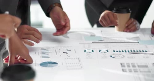 Hands, teamwork and data analytics documents, business meeting and collaboration for profit