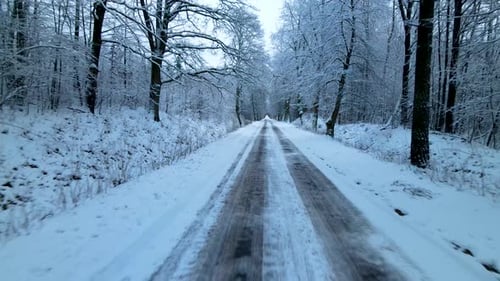 Tire tracks in the white snow on a mud road between the forest in Poland. Backwards Dolly drone shot