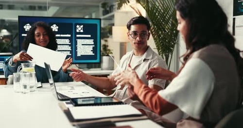 Business people, meeting and discussion with documents for statistics, analytics