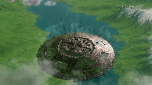 Alien spaceship arriving at warp speed above green valley and lake