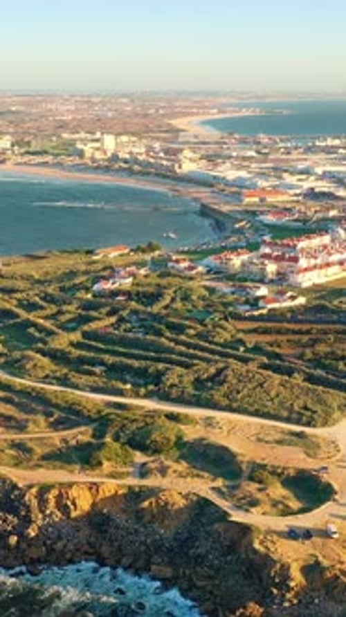 Establishing and Descending Drone Shot Peniche Island and Town Portugal