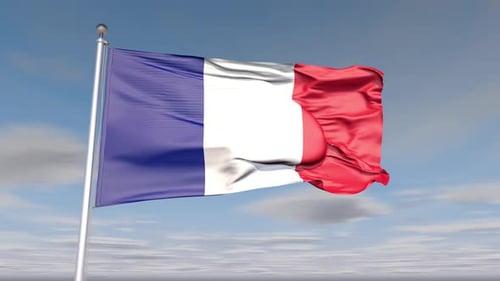 Realistic French Flag Waving Against Blue Sky Background