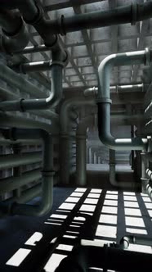 Pipes Twist and Wind Through a Dimly Lit Industrial Space in Solitude