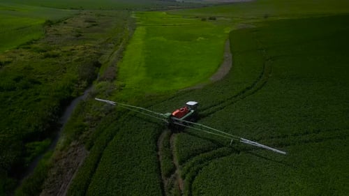 Spray Fertilize On Field With Chemicals In Agriculture Field