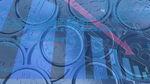 Animation of financial data processing with red arrow descending over bitcoins