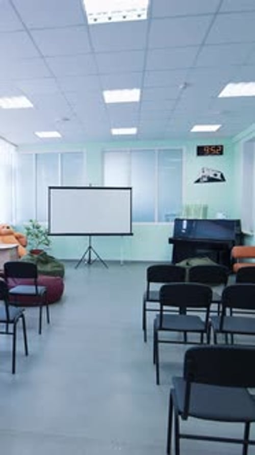 Interior Of Empty Modern Office. Empty conference room and meeting table. Vertical video