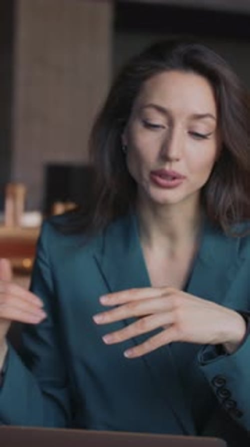 Professional Young Woman Explains Talking Via Laptop, Indoors