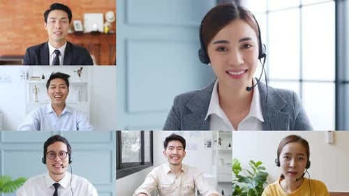 Business team video conferencing in group virtual chat call working from home office