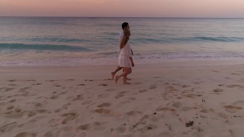 Close Up, Couple Walk On Beach At Sunset, Romantic Aerial Drone Slow Motion