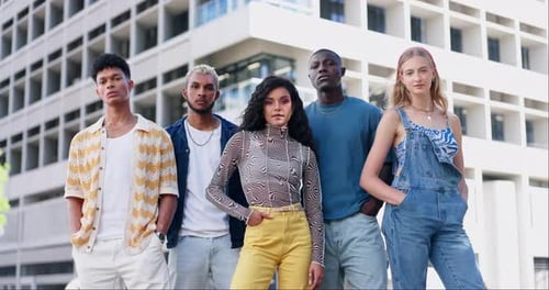 Street fashion, portrait and gen z friends with confidence, solidarity and diversity