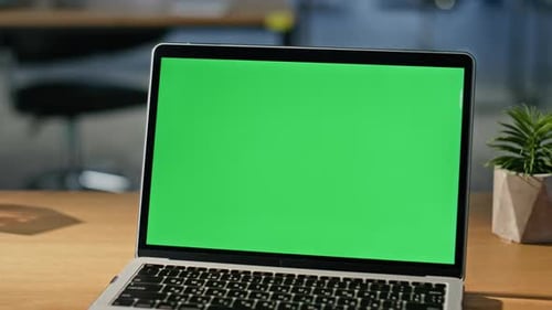 Freelancer Browsing Website Chroma Key Laptop on Wooden Office Table Closeup