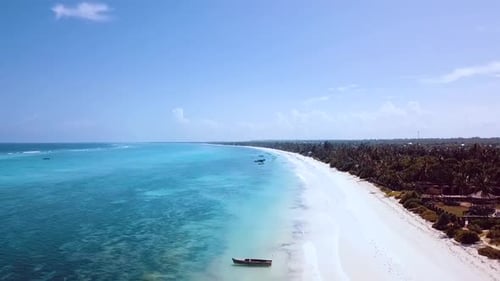 Gorgeous aerial flight fly from up to down crane drone shot Lonely Empty beach empty fishing boats.