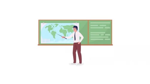 Animated Teacher Giving Geography Lesson with World Map