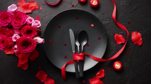 Romantic Table Setting with Black Plate and Red Roses