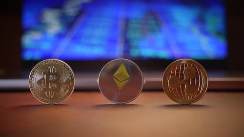 Moedas digitais de criptomoeda definidas em um cenário ou visão geral financeira