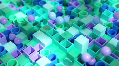 Pastellkugeln navigieren in dieser beruhigenden 3D-Animation spielerisch durch ein Meer aus grünen und blauen Würfeln