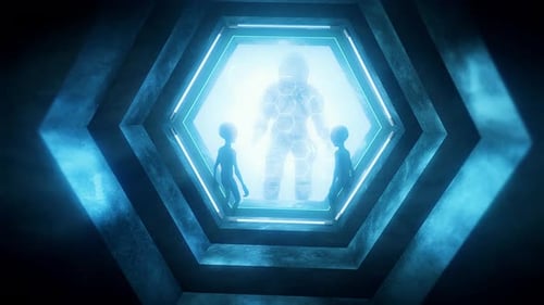 Futuristic Hexagonal Portal Displaying Astronaut and Aliens