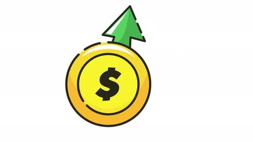 Money icon animation of a gold coin with a dollar sign and a green upward arrow.looping