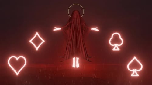 Ethereal Veiled Figure with Glowing Neon Playing Card Symbols