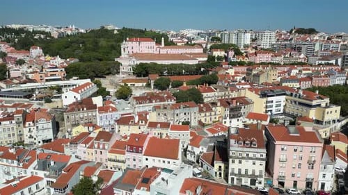 Aerial view of buildings with red rooftops, Portugal.