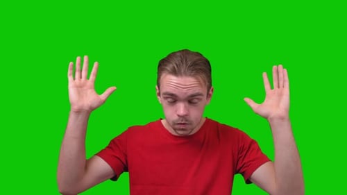 Handsome Man Shows Brain Explosion In Head Green Screen Concept