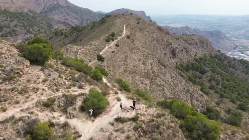 Hikers group walk along a rout in the mountain.