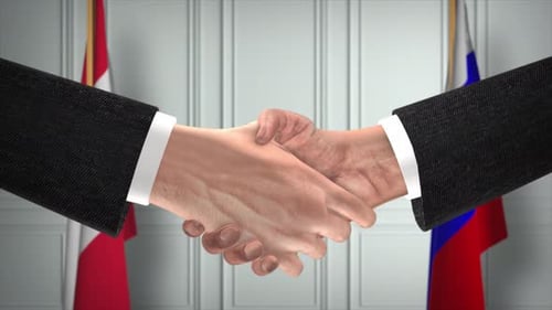 Animated Handshake With International Flags For Corporate Agreement