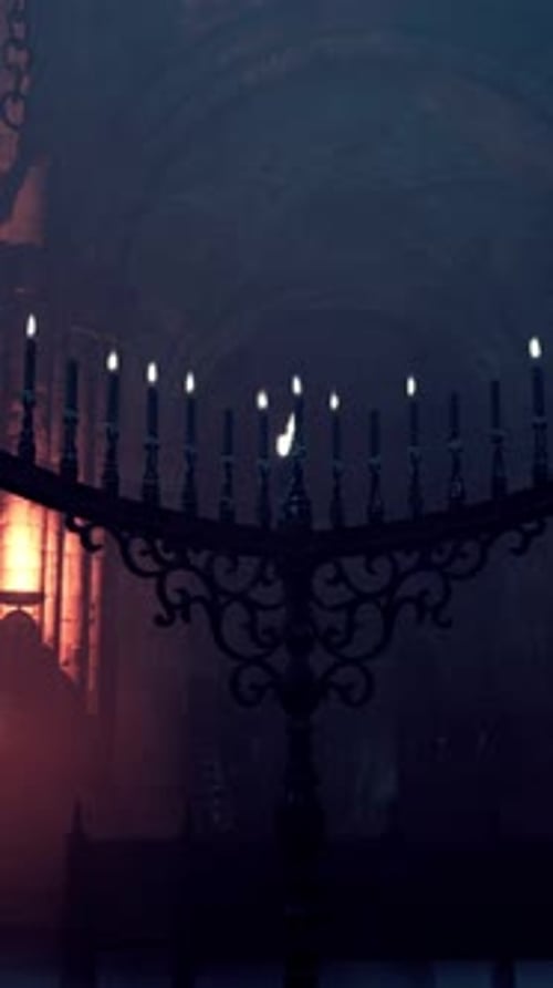 Hanukkah Menorah Lighting in Dark Temple Setting