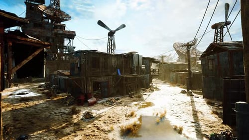 Post-Apocalyptic Abandoned Settlement in Desolate Wasteland