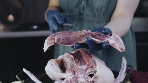 The Woman Presents the Duck Meat in Her Hands Macro
