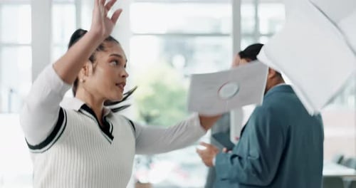 Man, woman and bullying in toxic office with falling paperwork, crash and angry business people