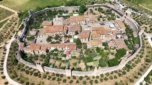 Aerial Drone View of Walled Town Castle Monteriggioni, Tuscany, Italy
