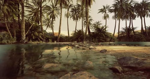 Serene Oasis with Palm Trees and Clear Water in the Desert Landscape