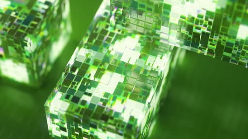 Abstract Green Geometric Shapes Composed of Glowing Square Pixels Slowly Moving and Rotating