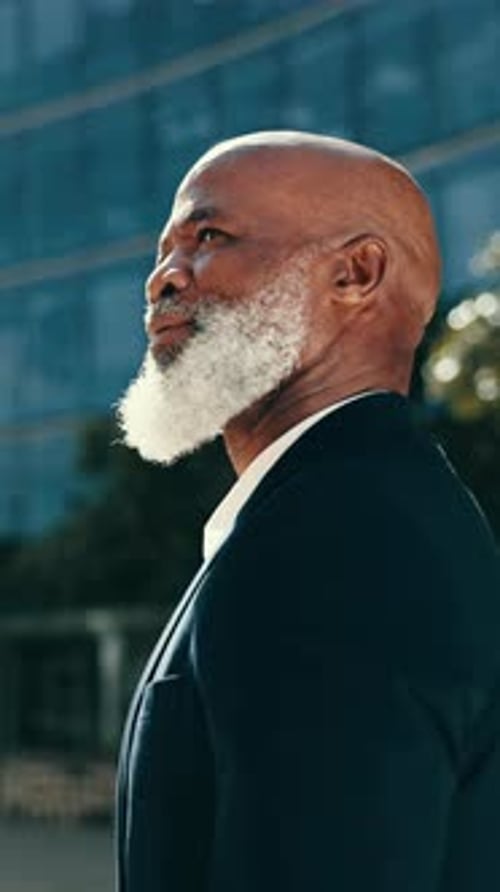 Thinking, black man and mature ceo in city, vision and idea outdoor in urban town