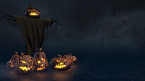 Spooky Halloween Night Background with Animated Pumpkins and Scarecrow