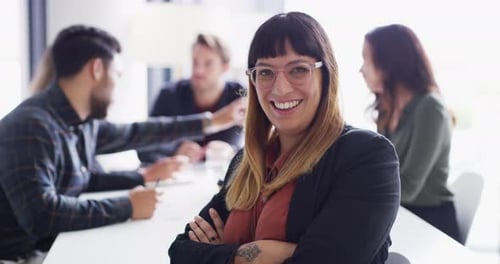 Business employee, face or arms crossed in office meeting, global financial company