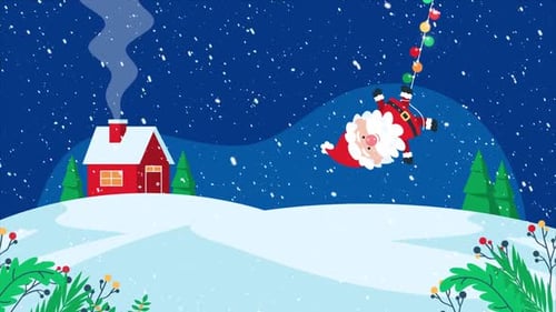Animated Santa Claus Swinging on Christmas Lights in Snowy Scene