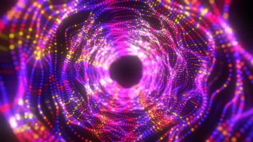 Tunnel énergétique violet abstrait composé de particules et d'un réseau de lignes de haute technologie