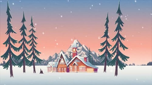 Animated Winter Landscape with Snowy Village and Falling Snow