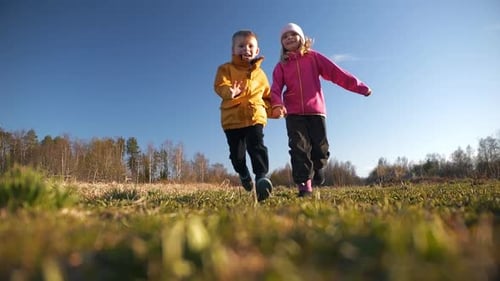 Happy children running on rural field on sunny warm day, slow motion