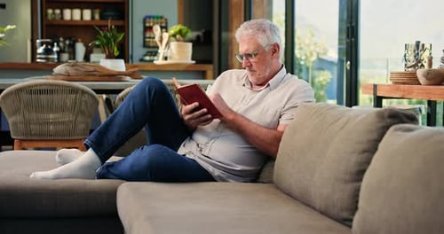 Senior Man Reading Book on Comfortable Couch Indoors