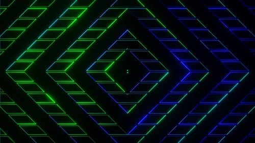 Blauer und grüner abstrakter neonglühender Sci-Fi-Cyberpunk-Musterhintergrund VJ-Loop-Animation in 4K